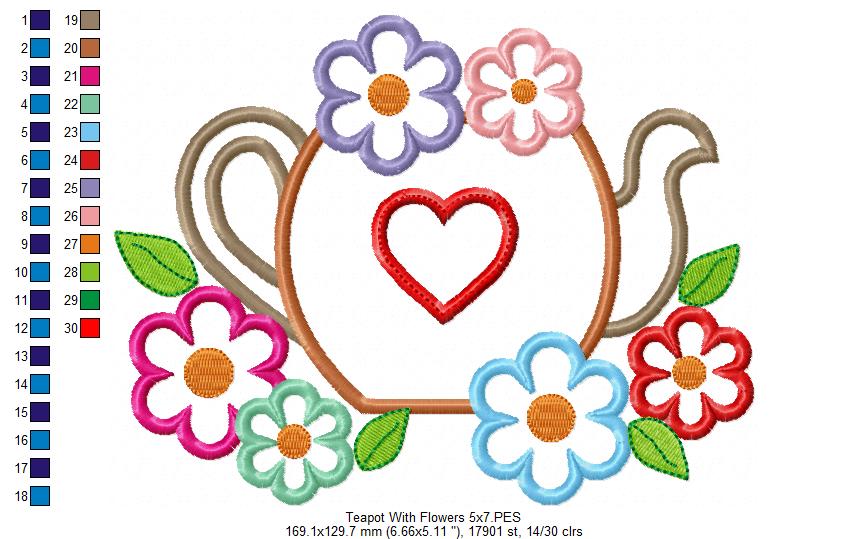 Matriz de Bordado Chaleira Decorada com Flores – Aplique