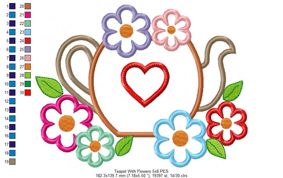 Matriz de Bordado Chaleira Decorada com Flores – Aplique