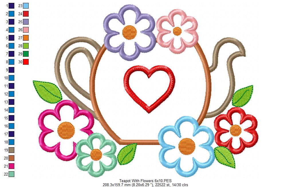 Matriz de Bordado Chaleira Decorada com Flores – Aplique