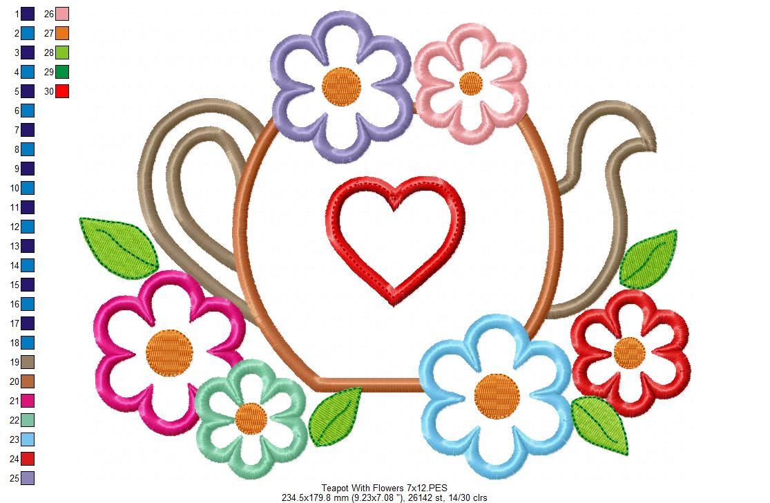 Matriz de Bordado Chaleira Decorada com Flores – Aplique