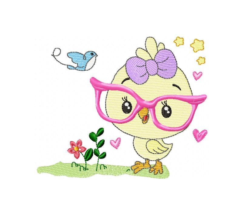 Matriz de Bordado Pintinho com Óculos Rosa e Lacinho – Rippled