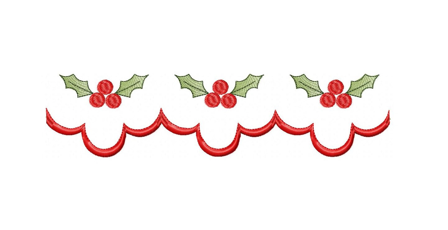 Matriz de Bordado Barra Natalina com Azevinhos Vermelhos – Ponto Satin