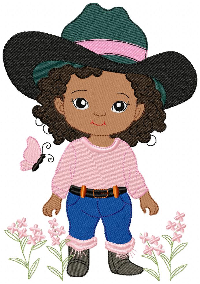 Matriz de Bordado Cowgirl Cacheada entre Flores – Ponto Cheio