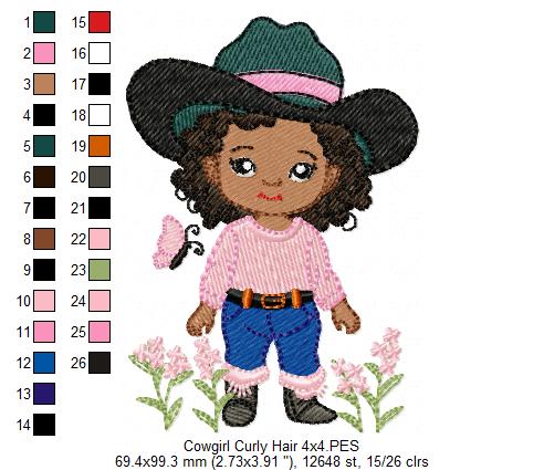 Matriz de Bordado Cowgirl Cacheada entre Flores – Ponto Cheio