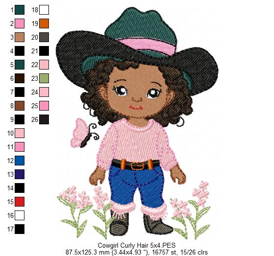 Matriz de Bordado Cowgirl Cacheada entre Flores – Ponto Cheio