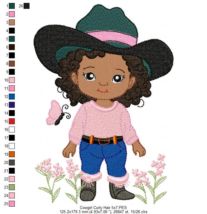Matriz de Bordado Cowgirl Cacheada entre Flores – Ponto Cheio