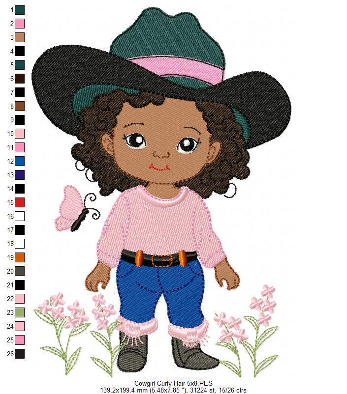 Matriz de Bordado Cowgirl Cacheada entre Flores – Ponto Cheio