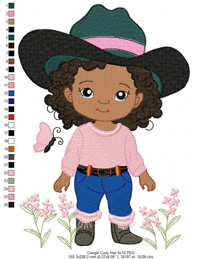 Matriz de Bordado Cowgirl Cacheada entre Flores – Ponto Cheio