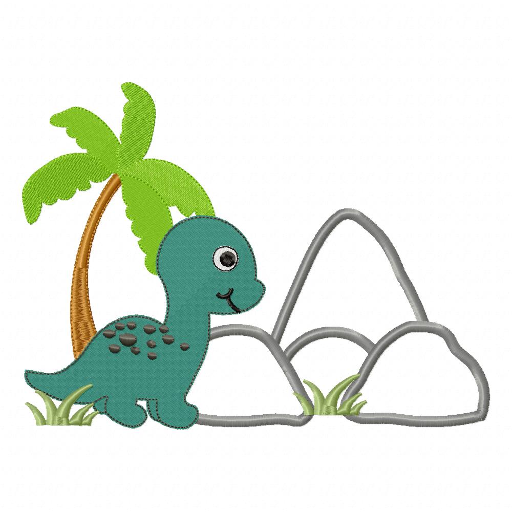 Matriz de Bordado Dinossauro com Palmeira e Rochas – Aplique