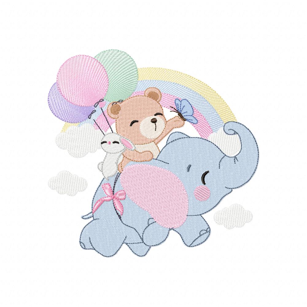 Matriz de Bordado Amigos no Céu com Elefante, Ursinho e Coelho – Ponto Cheio
