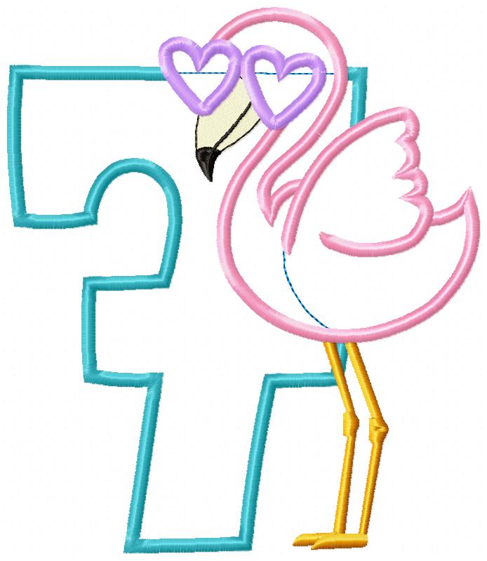 Matriz de Bordado Número 7 Tropical com Flamingo Fofo – Ponto Aplique