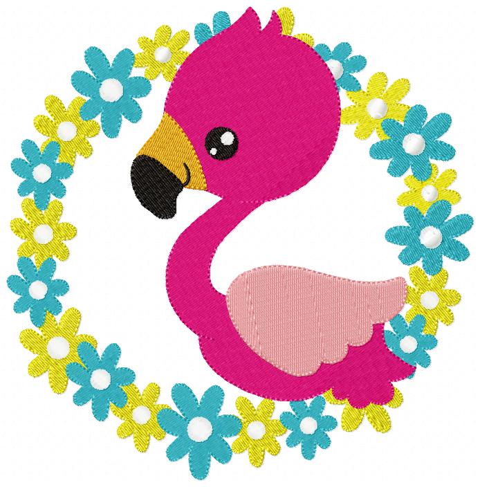 Matriz de Bordado Flamingo Charmoso em Moldura de Flores – Ponto Cheio