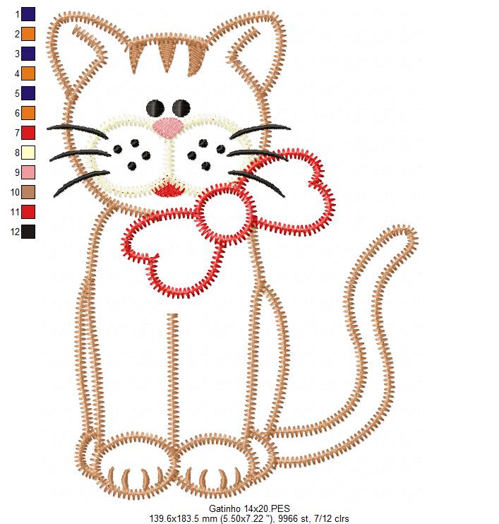 Matriz de Bordado Gatinho com Laço – Aplique Zig Zag