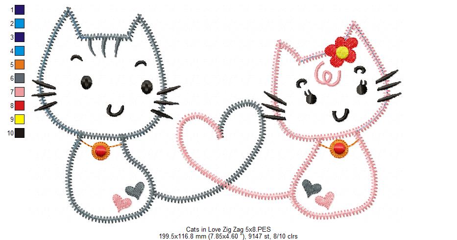 Matriz de Bordado Gatinhos Românticos – Aplique Zig Zag