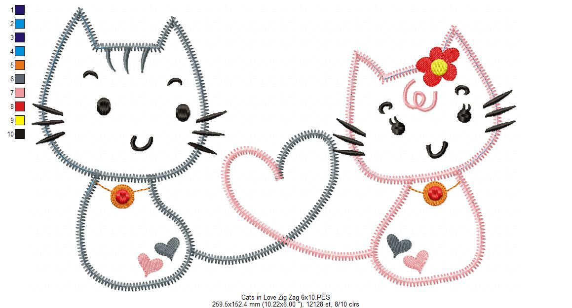 Matriz de Bordado Gatinhos Românticos – Aplique Zig Zag