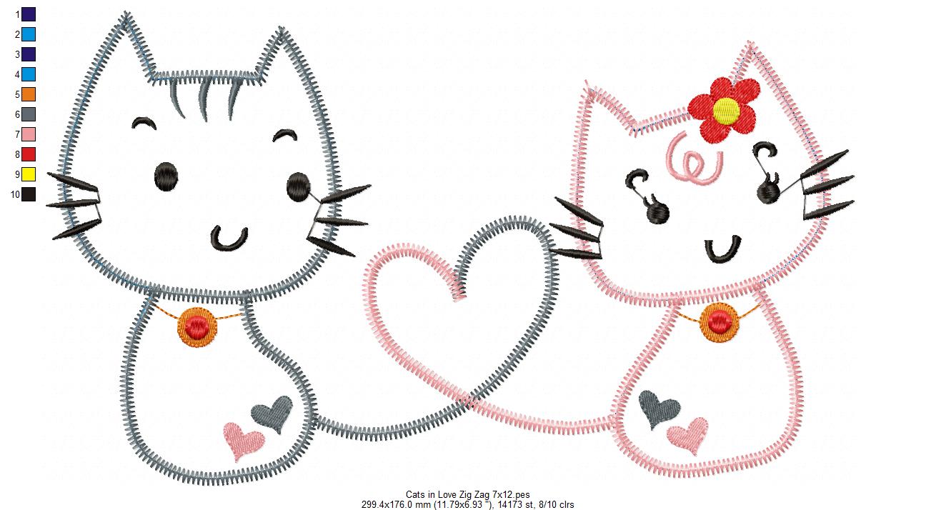 Matriz de Bordado Gatinhos Românticos – Aplique Zig Zag