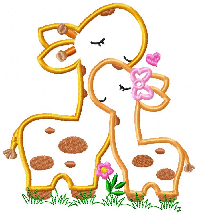 Matriz de Bordado Mamãe e Filhote de Girafa com Laço – Aplique