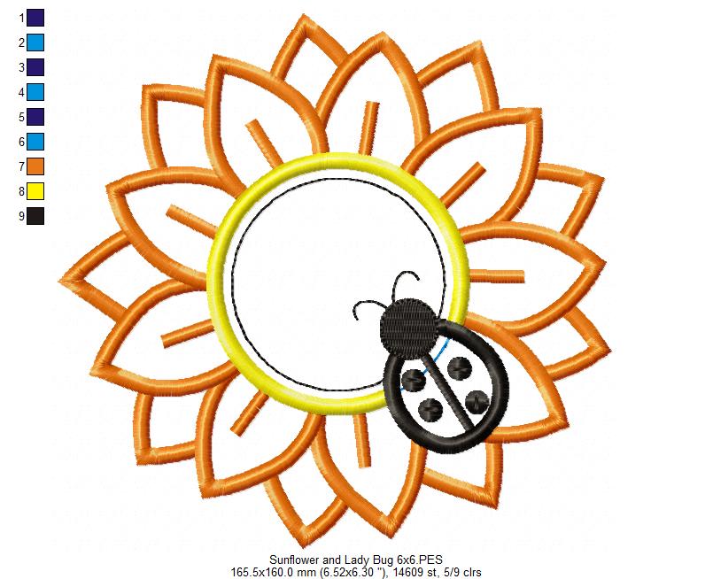 Matriz de Bordado Flor de Girassol com Joaninha – Aplique Delicado