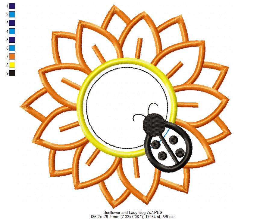 Matriz de Bordado Flor de Girassol com Joaninha – Aplique Delicado