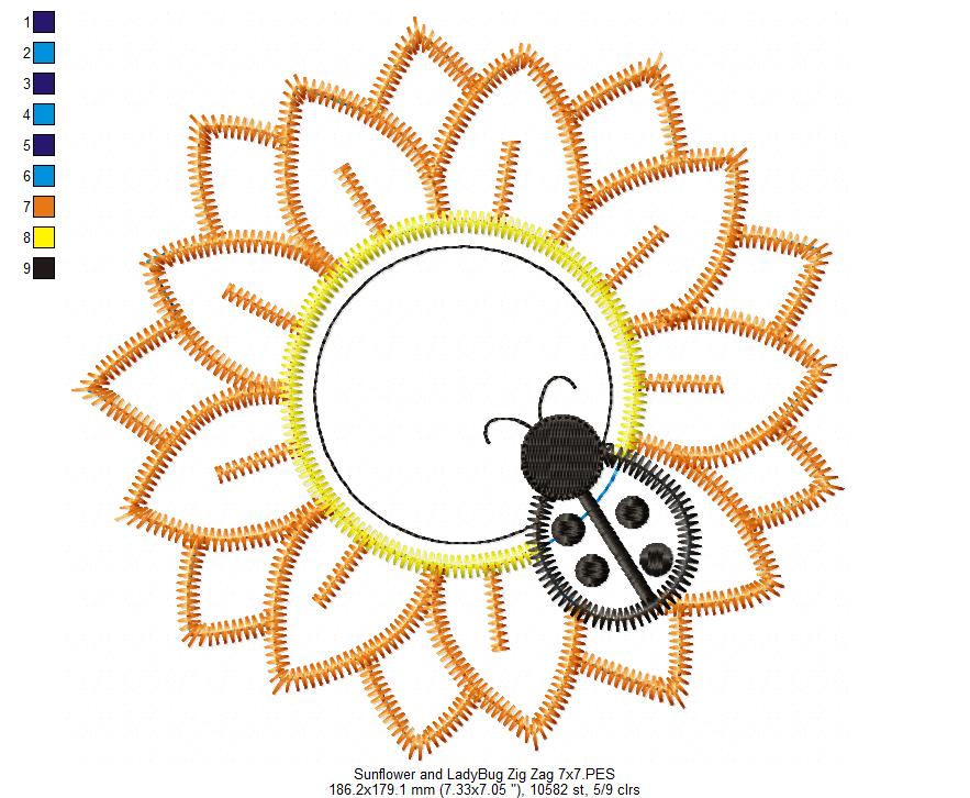 Matriz de Bordado Girassol com Joaninha Charmosa – Aplique Zig Zag