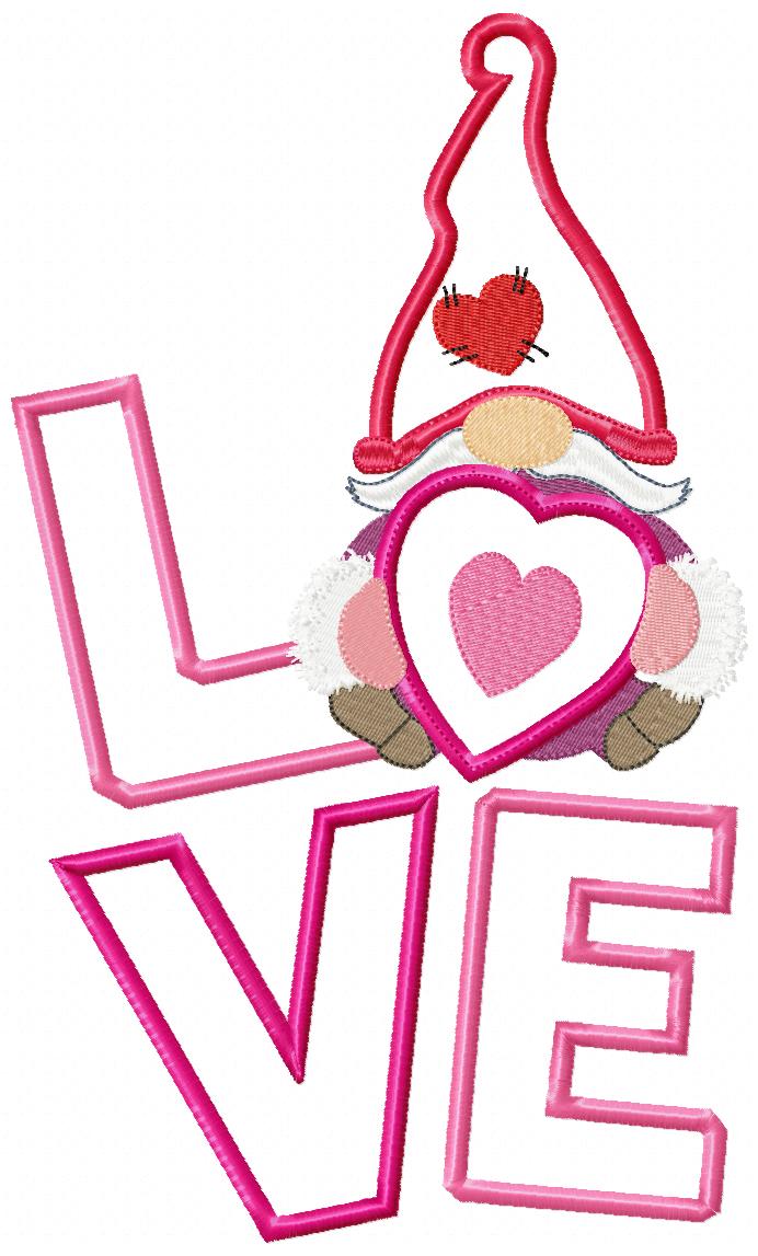 Matriz de Bordado Letreiro LOVE com Gnomo Romântico – Aplique