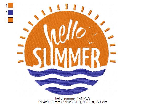 Matriz de Bordado Verão Hello Summer com Sol Radiante – Ponto Cheio