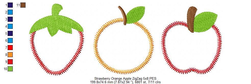 Matriz de Bordado Morango, Laranja e Maçã – Aplique ZigZag