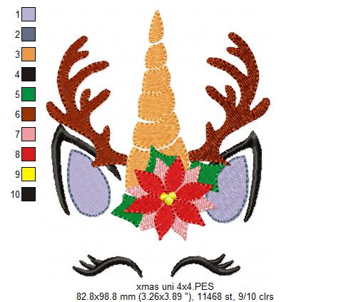Matriz de Bordado Unicórnio Natalino com Galhos de Rena – Ponto Cheio