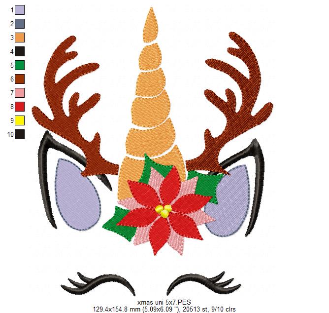 Matriz de Bordado Unicórnio Natalino com Galhos de Rena – Ponto Cheio