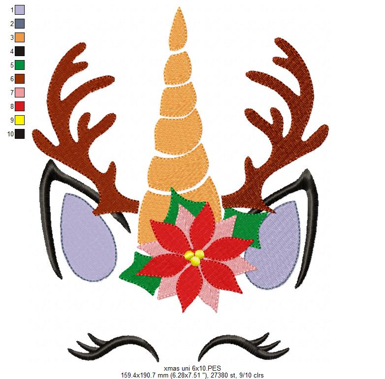 Matriz de Bordado Unicórnio Natalino com Galhos de Rena – Ponto Cheio