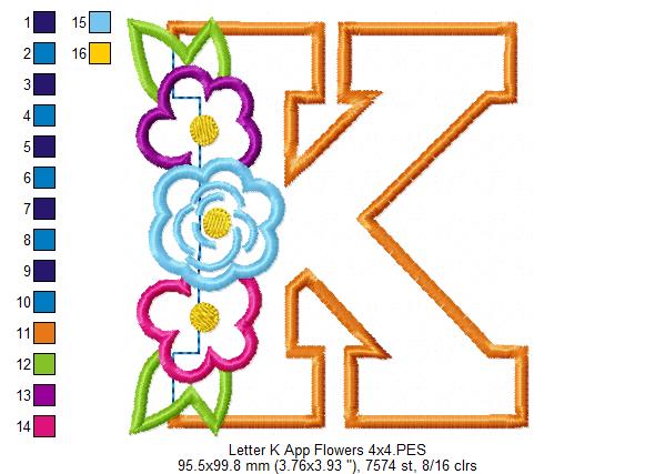 Matriz de Bordado Alfabeto Floral Letra K - Aplique