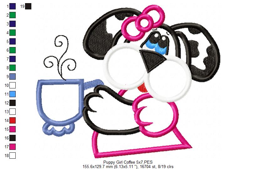 Matriz de Bordado Cachorrinha Estilosa com Xícara – Aplique