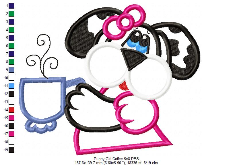 Matriz de Bordado Cachorrinha Estilosa com Xícara – Aplique