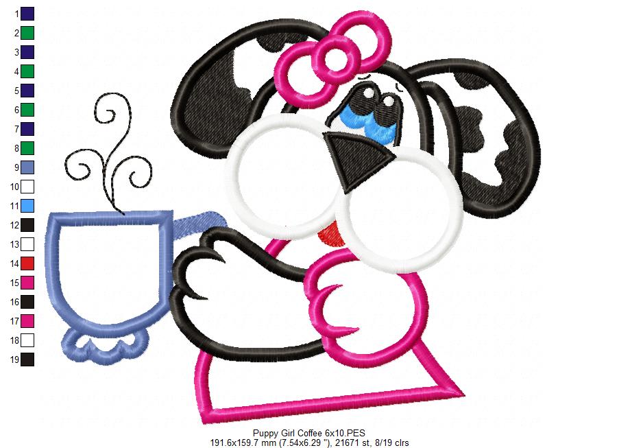 Matriz de Bordado Cachorrinha Estilosa com Xícara – Aplique