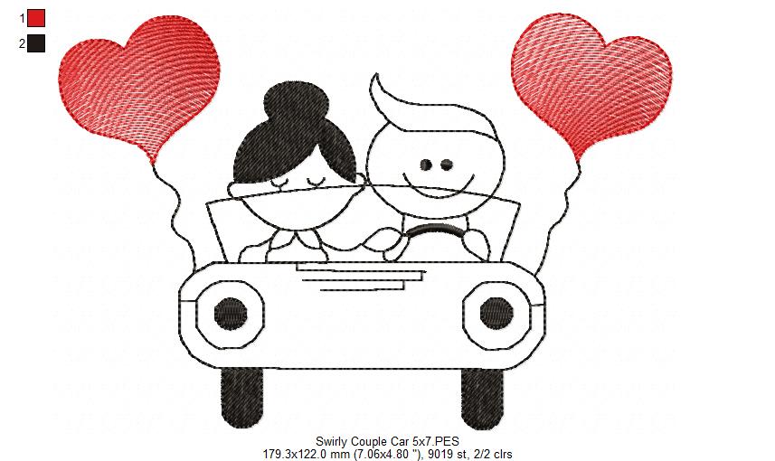 Matriz de Bordado Casal no Carro com Balões Coração – Ponto Sketch