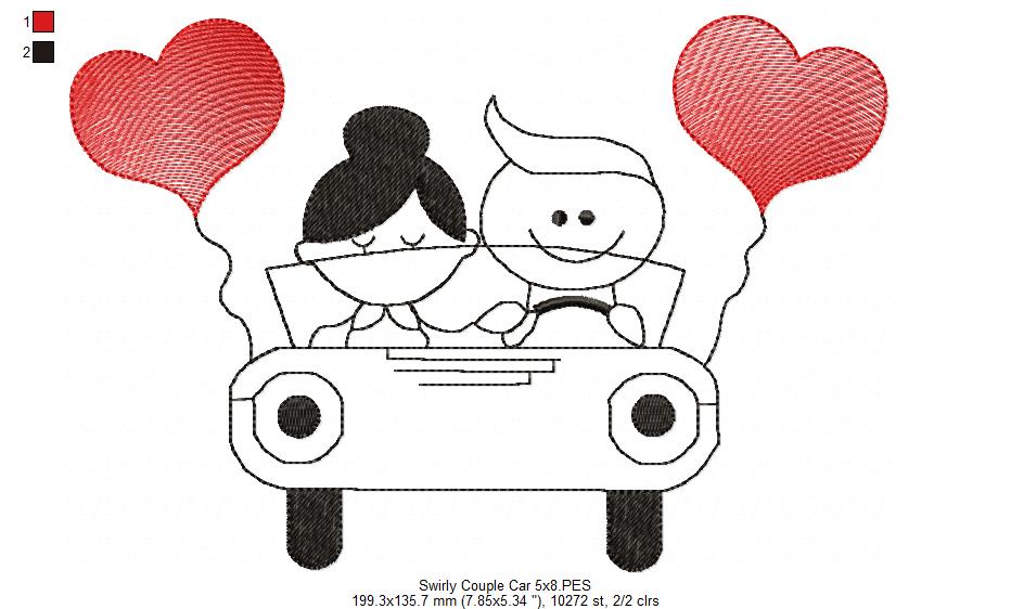 Matriz de Bordado Casal no Carro com Balões Coração – Ponto Sketch