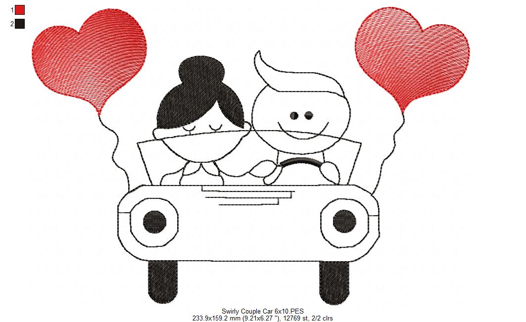 Matriz de Bordado Casal no Carro com Balões Coração – Ponto Sketch