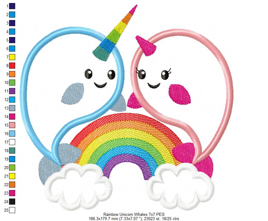 Matriz de Bordado Baleias Unicórnio com Nuvens e Arco-Íris – Aplique