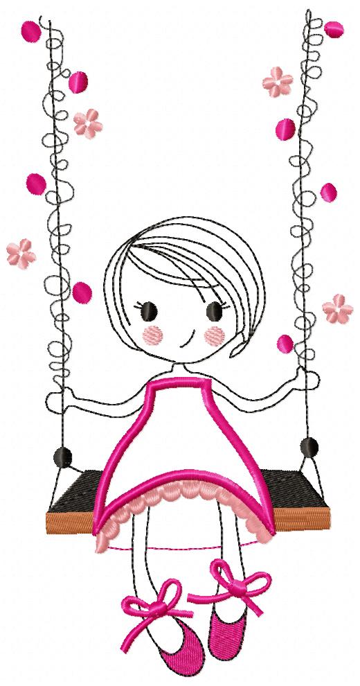 Matriz de Bordado Garotinha no Balanço com Flores – Aplique