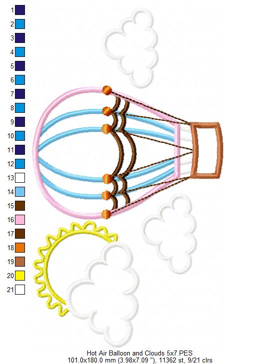 Matriz de Bordado Balão no Céu com Nuvens e Sol – Aplique