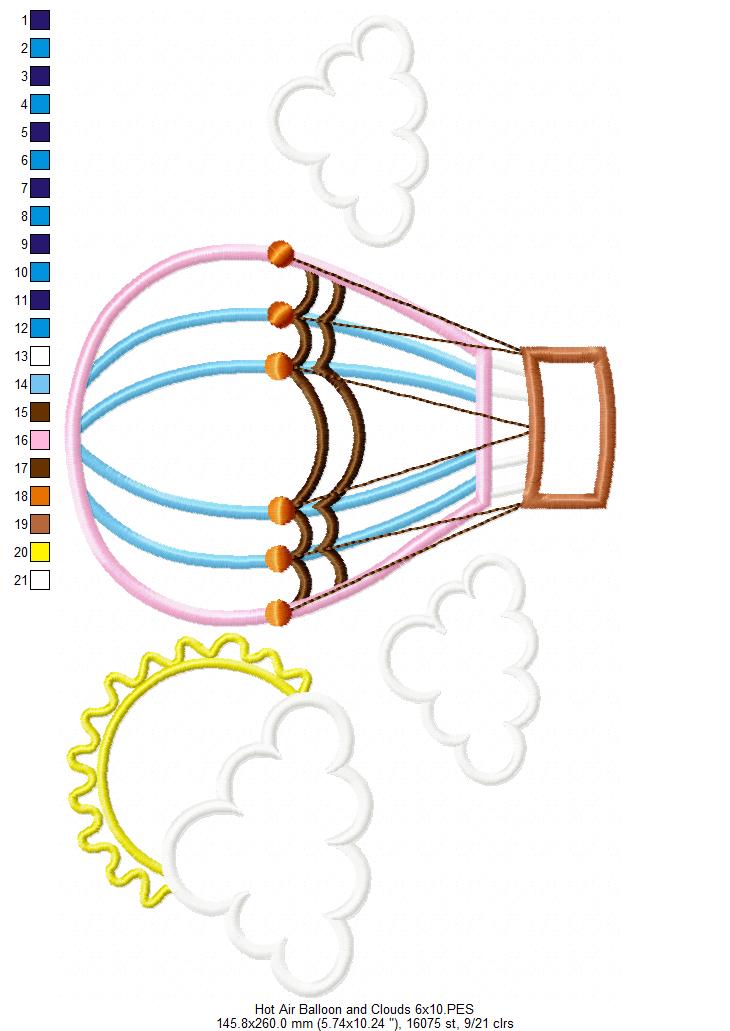 Matriz de Bordado Balão no Céu com Nuvens e Sol – Aplique