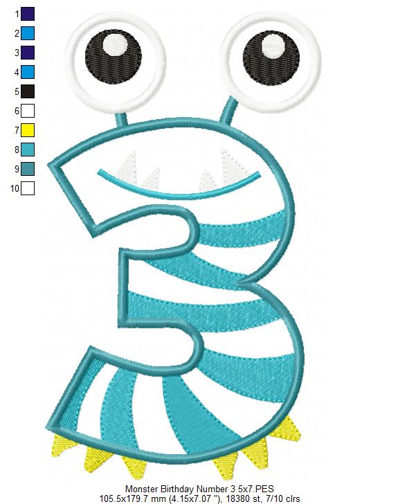 Matriz de Bordado Número 3 Divertido Monstrinho – Aplique