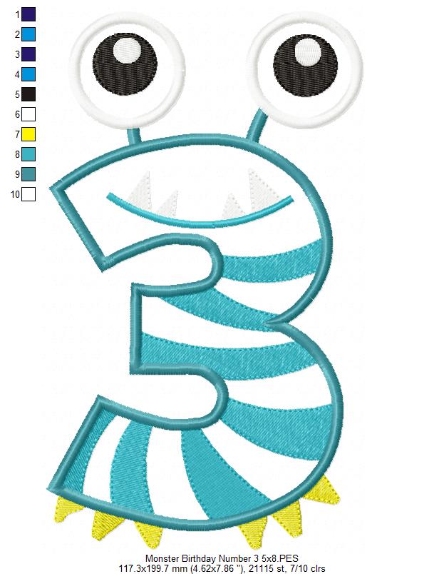 Matriz de Bordado Número 3 Divertido Monstrinho – Aplique