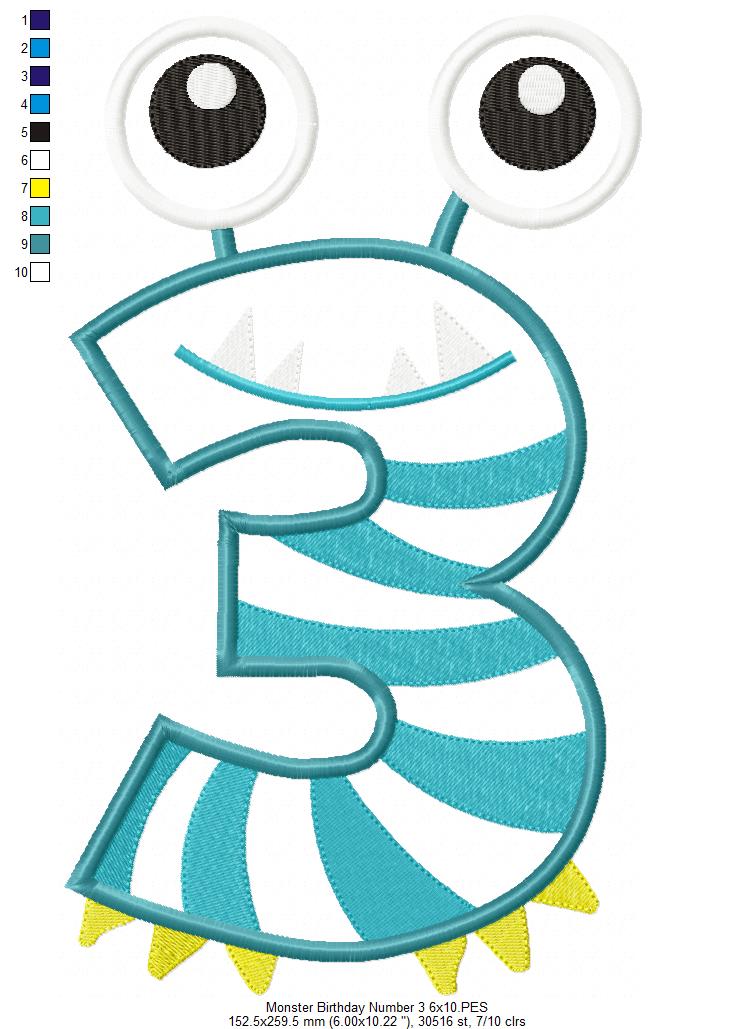 Matriz de Bordado Número 3 Divertido Monstrinho – Aplique
