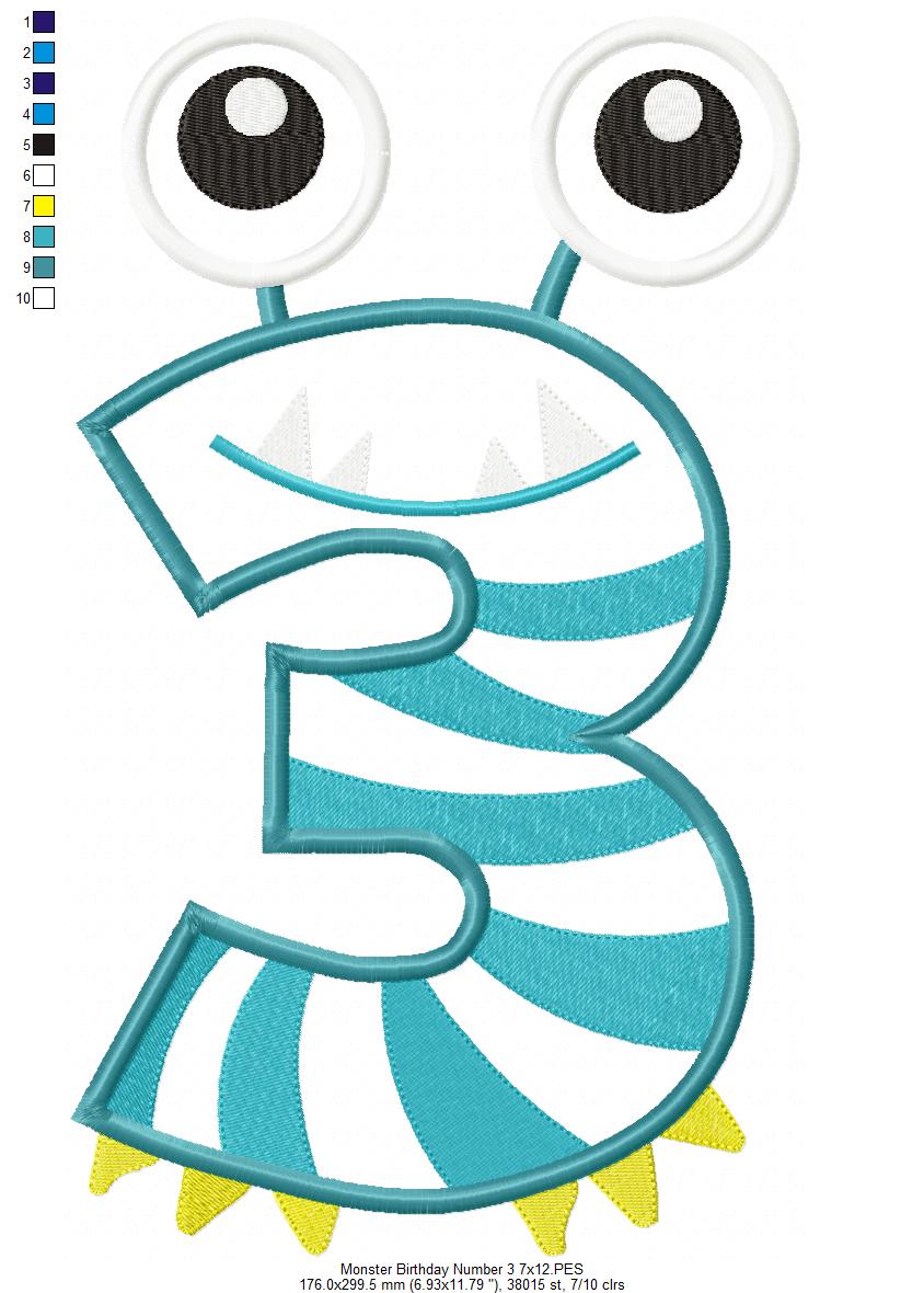 Matriz de Bordado Número 3 Divertido Monstrinho – Aplique