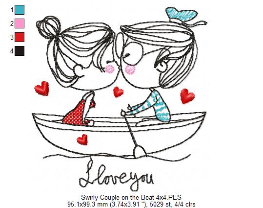 Matriz de Bordado Casal Apaixonado no Barquinho – Redwork