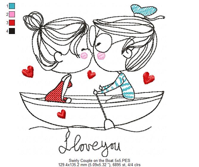 Matriz de Bordado Casal Apaixonado no Barquinho – Redwork