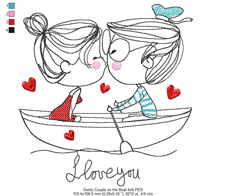 Matriz de Bordado Casal Apaixonado no Barquinho – Redwork