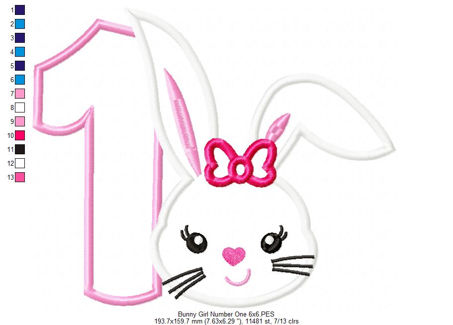 Matriz de Bordado Número 1 com Coelhinha Fofa – Aplique