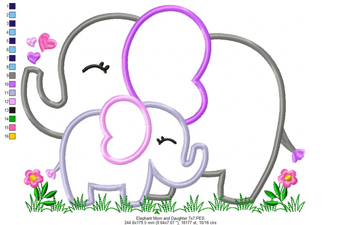 Matriz de Bordado Mamãe Elefante e Filhote – Aplique